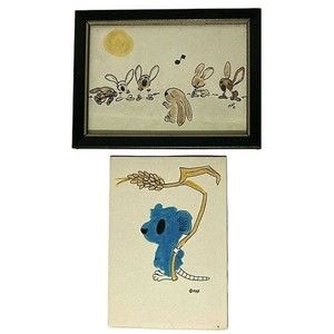 Lot of 2 5x7 Original Hand Art Drawings Hiding Mouse & Singing Bunny Rabbit Band
